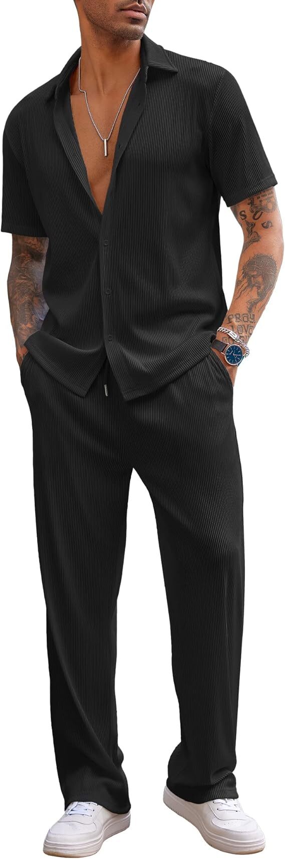 ✨Size:S-6XL🔥Men's 2 Piece Outfit Casual Short Sleeve Button Down Shirt Beach Summer Loose Pant Sets