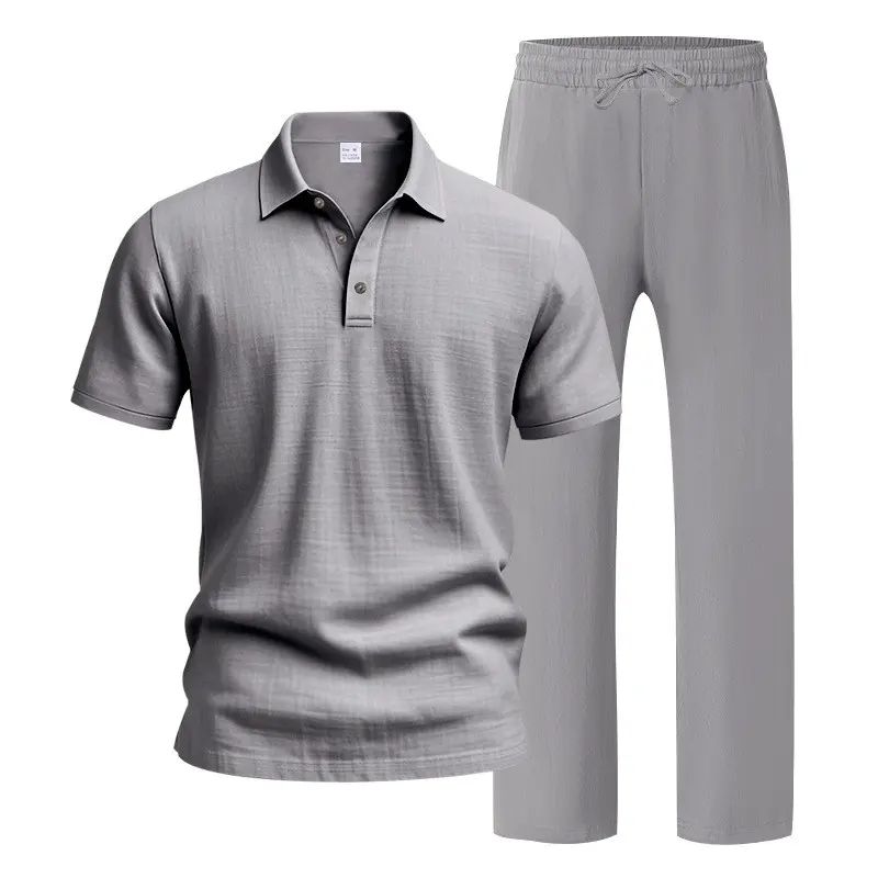 Men's linen casual short-sleeved shirt and straight-leg drawstring trousers suit