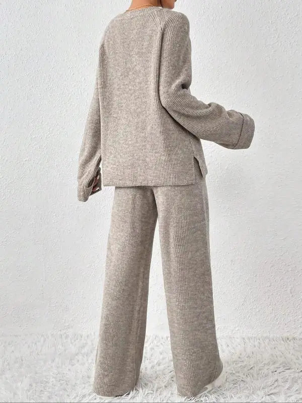 Women's Oversize Raglan Sleeve Split Sweater & Elastic Waist Pants Set, Basic Round Neck Top & Pants Sweater Set, Women's Autumn & Winter Clothing for Daily Wear.
