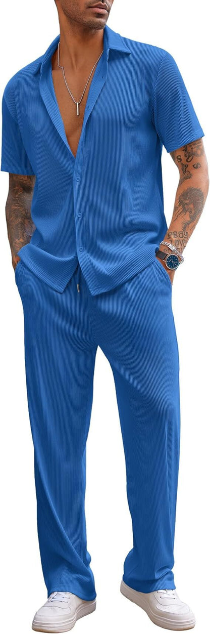 ✨Size:S-6XL🔥Men's 2 Piece Outfit Casual Short Sleeve Button Down Shirt Beach Summer Loose Pant Sets