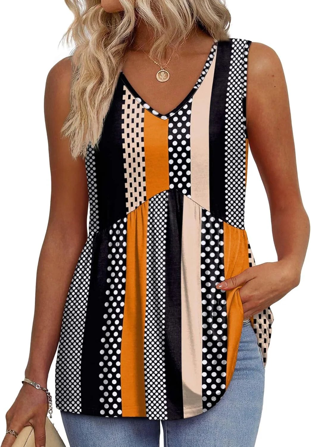 🔥Women's Print Flowy Sleeveless V Neck Peplum Tank Tops