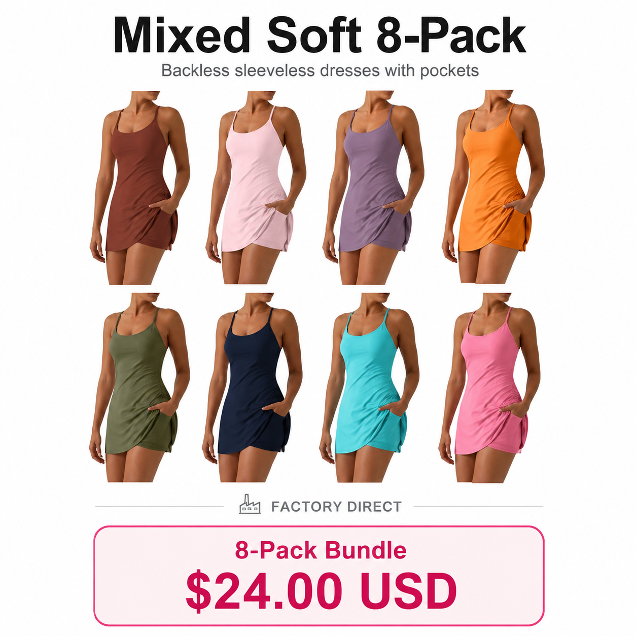 Women's Backless Sleeveless Dress with Pockets 8-Pack