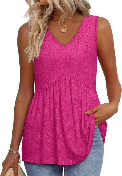 🔥Women's Print Flowy Sleeveless V Neck Peplum Tank Tops
