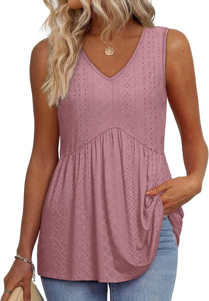 🔥Women's Print Flowy Sleeveless V Neck Peplum Tank Tops