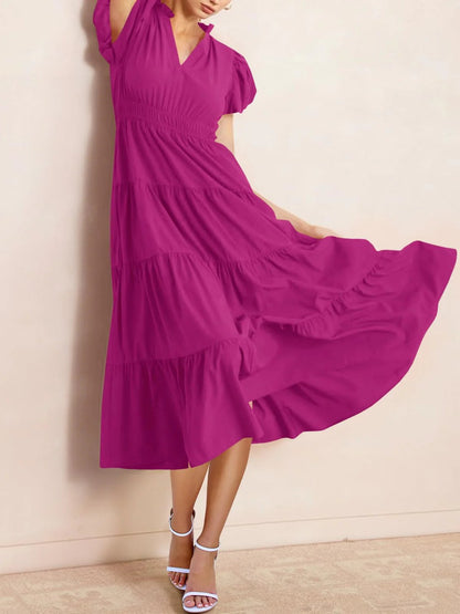 ⏰Hot Sale 90% OFF🎉Puff Short Sleeve V Neck Flowy Tiered Beach A-Line Dresses