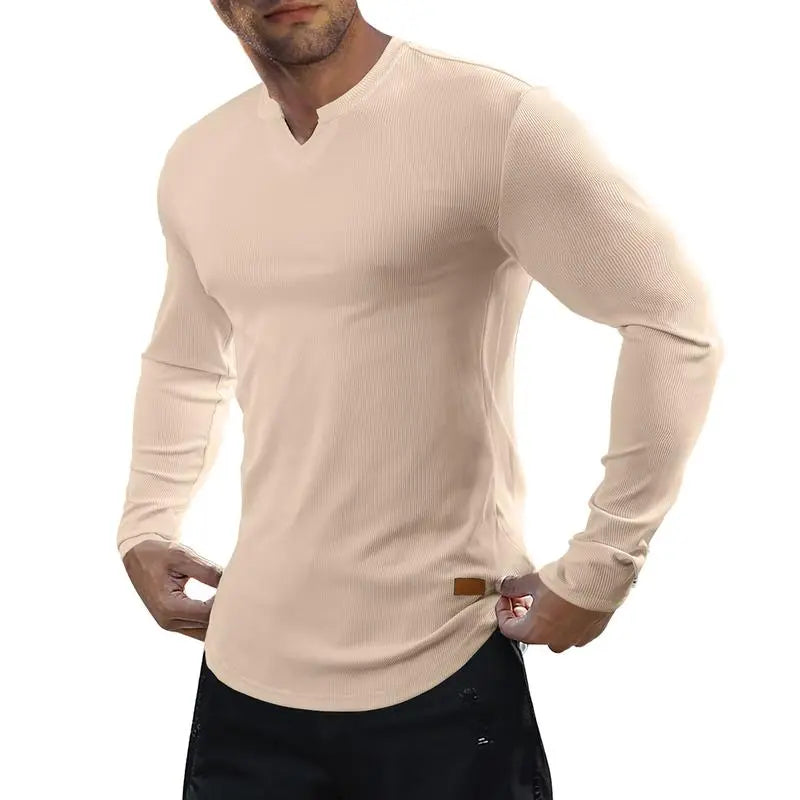 Men's slim-fit V-neck ribbed long-sleeved stretch T-shirt