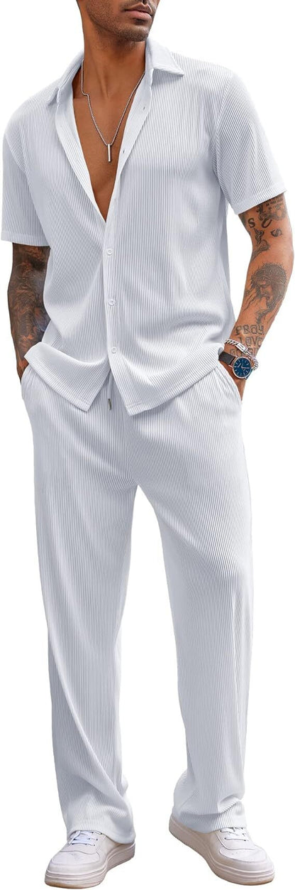 ✨Size:S-6XL🔥Men's 2 Piece Outfit Casual Short Sleeve Button Down Shirt Beach Summer Loose Pant Sets