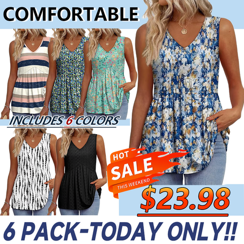 🔥Women's Print Flowy Sleeveless V Neck Peplum Tank Tops