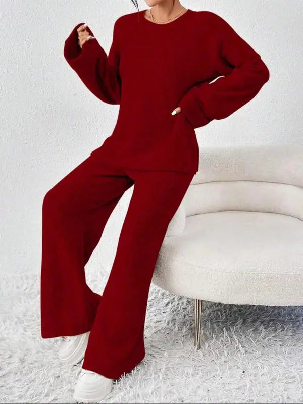 Women's Oversize Raglan Sleeve Split Sweater & Elastic Waist Pants Set, Basic Round Neck Top & Pants Sweater Set, Women's Autumn & Winter Clothing for Daily Wear.