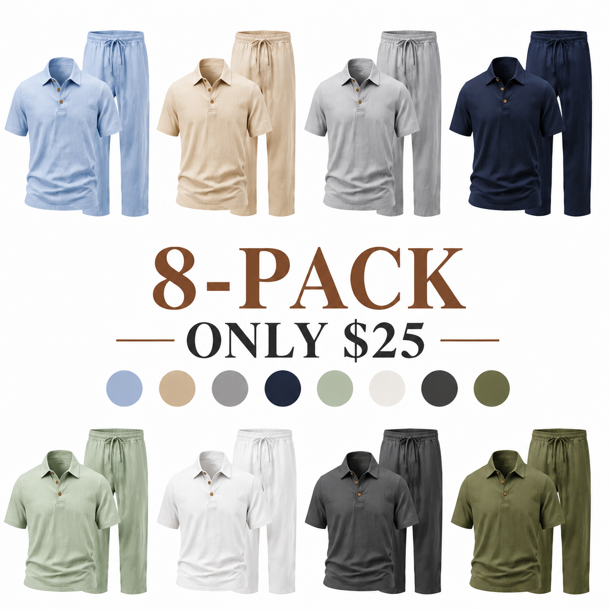 Men's linen casual short-sleeved shirt and straight-leg drawstring trousers suit