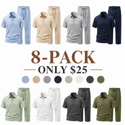 Men's linen casual short-sleeved shirt and straight-leg drawstring trousers suit