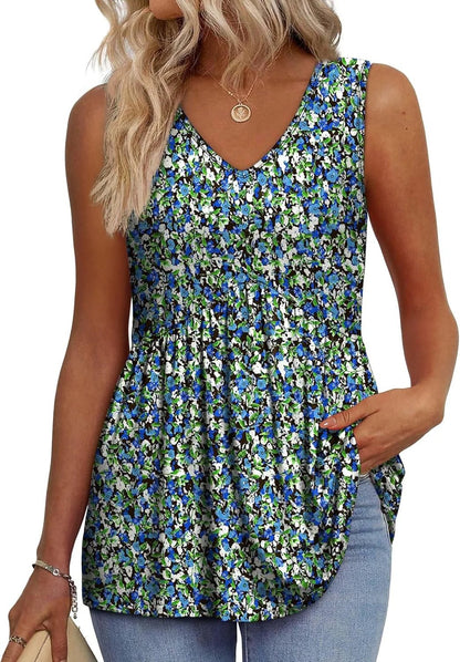 🔥Women's Print Flowy Sleeveless V Neck Peplum Tank Tops