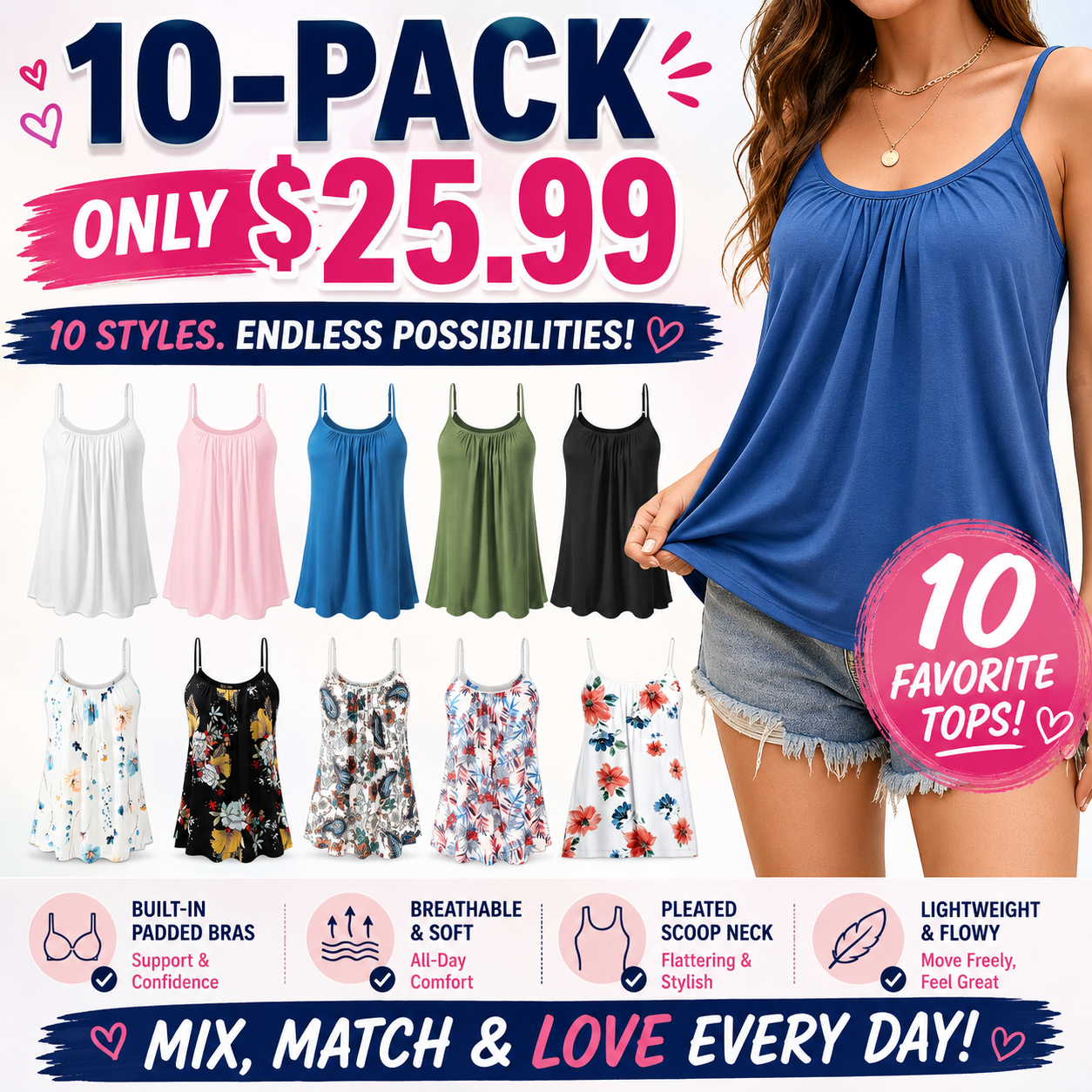 Women's Cool Flowy Bra Cami | with Built-in Cups | Relaxed Fit | Adjustable Spaghetti Strap