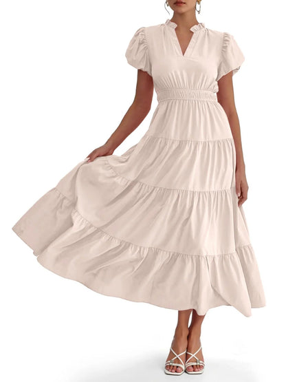 ⏰Hot Sale 90% OFF🎉Puff Short Sleeve V Neck Flowy Tiered Beach A-Line Dresses