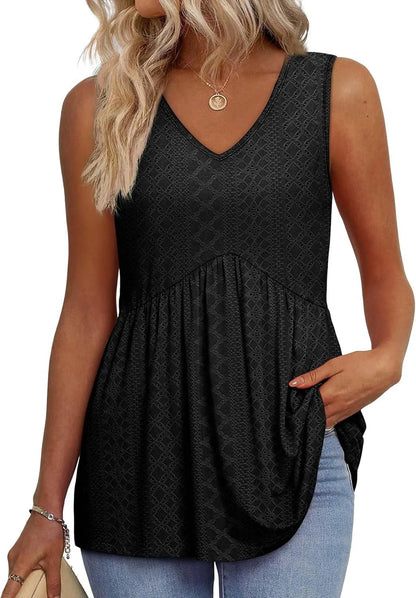 🔥Women's Print Flowy Sleeveless V Neck Peplum Tank Tops