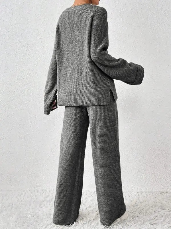 Women's Oversize Raglan Sleeve Split Sweater & Elastic Waist Pants Set, Basic Round Neck Top & Pants Sweater Set, Women's Autumn & Winter Clothing for Daily Wear.