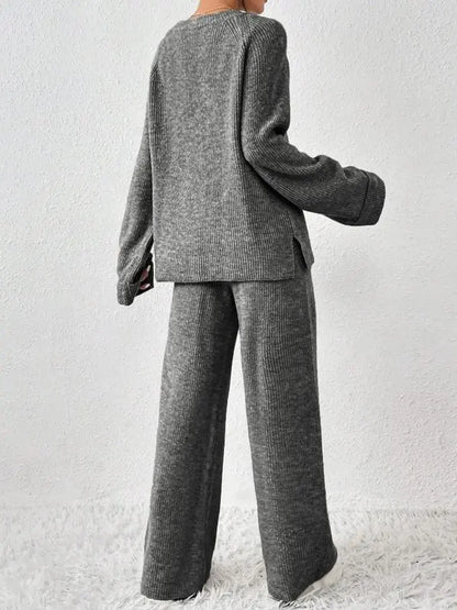 Women's Oversize Raglan Sleeve Split Sweater & Elastic Waist Pants Set, Basic Round Neck Top & Pants Sweater Set, Women's Autumn & Winter Clothing for Daily Wear.