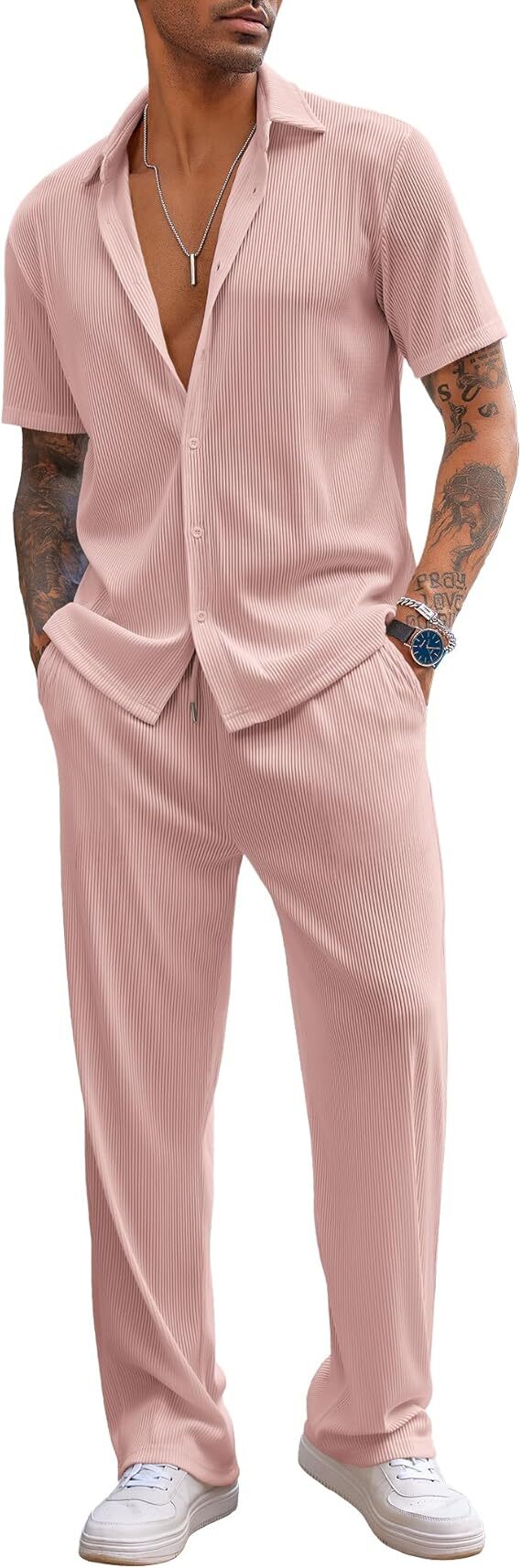 ✨Size:S-6XL🔥Men's 2 Piece Outfit Casual Short Sleeve Button Down Shirt Beach Summer Loose Pant Sets