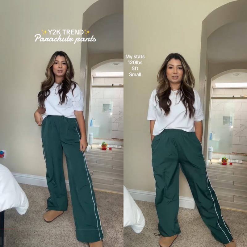 Women's Parachute Wideleg Pants Baggy Y2K Elastic Waist Wide Leg Track Pants Trousers Casual
