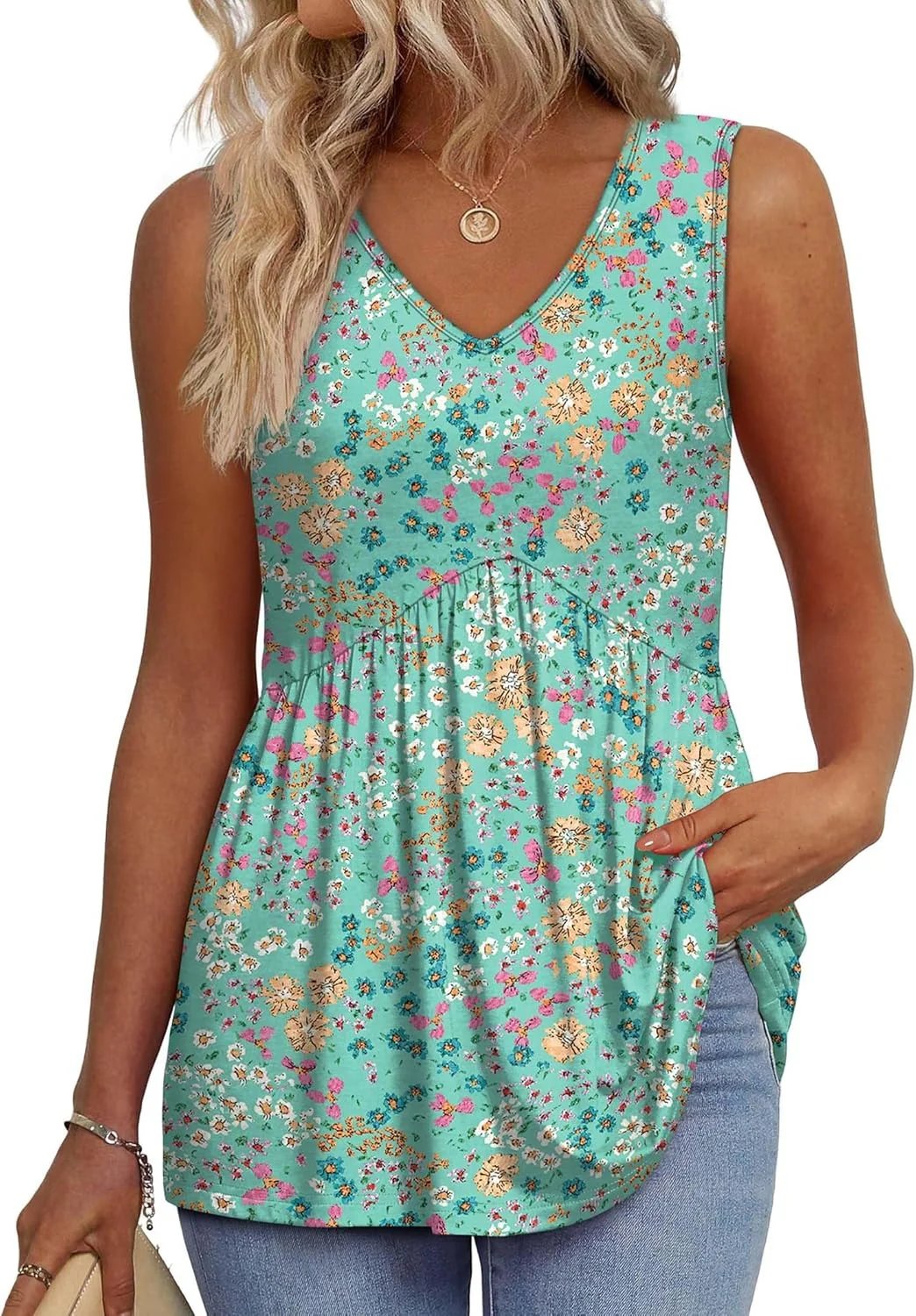 🔥Women's Print Flowy Sleeveless V Neck Peplum Tank Tops