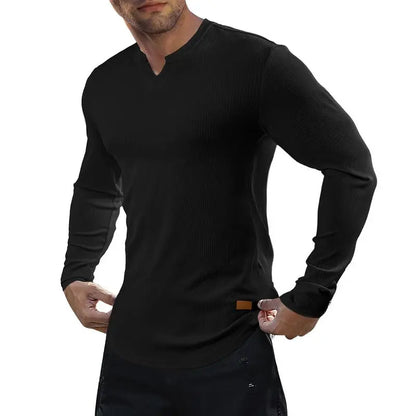 Men's slim-fit V-neck ribbed long-sleeved stretch T-shirt