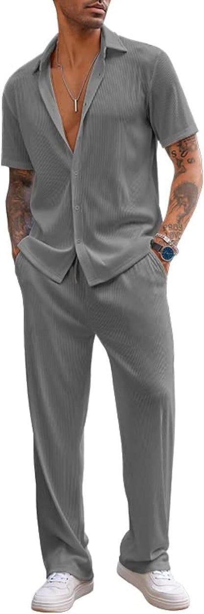 ✨Size:S-6XL🔥Men's 2 Piece Outfit Casual Short Sleeve Button Down Shirt Beach Summer Loose Pant Sets