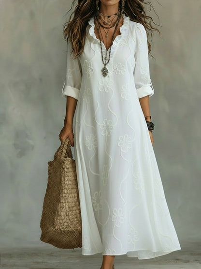 Last Day 89% OFF 🔥 Boho Floral Embroidered Maxi Dress | V-Neck Ruffle Trim Vacation & Beach Outfit