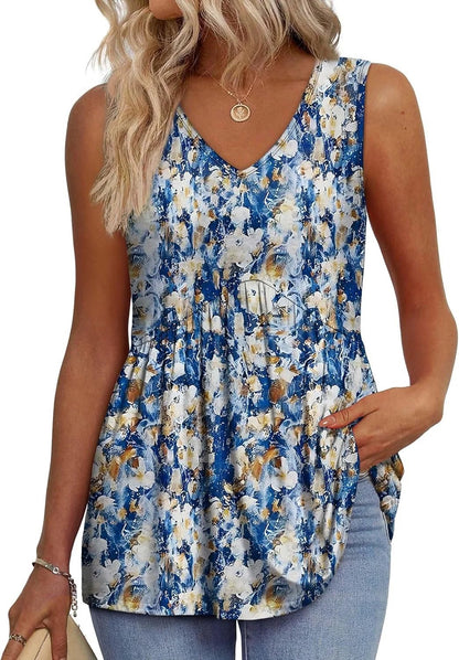 🔥Women's Print Flowy Sleeveless V Neck Peplum Tank Tops