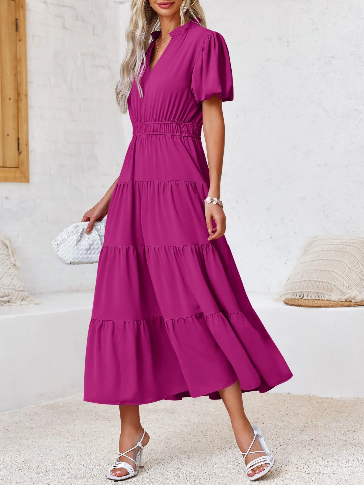 ⏰Hot Sale 90% OFF🎉Puff Short Sleeve V Neck Flowy Tiered Beach A-Line Dresses