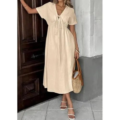 Last Day 89% OFF 🔥Women's Lightweight Summer Cotton Dress V-Neck Bohemian Casual Loose Short Sleeve Drawstring Beach Dress with Pockets