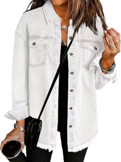 Women's Casual Denim Button Down Distressed Jacket