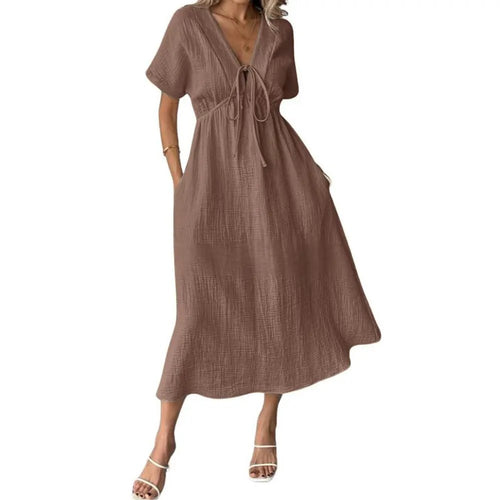 Last Day 89% OFF 🔥Women's Lightweight Summer Cotton Dress V-Neck Bohemian Casual Loose Short Sleeve Drawstring Beach Dress with Pockets