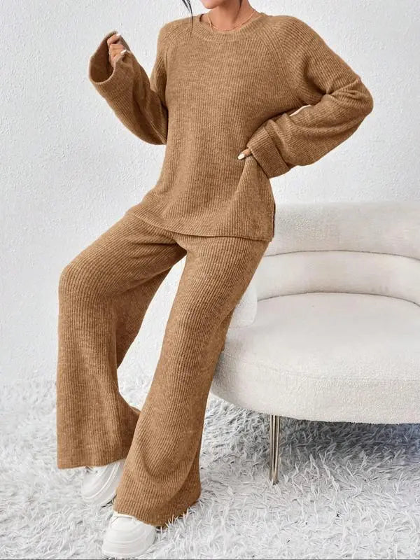 Women's Oversize Raglan Sleeve Split Sweater & Elastic Waist Pants Set, Basic Round Neck Top & Pants Sweater Set, Women's Autumn & Winter Clothing for Daily Wear.