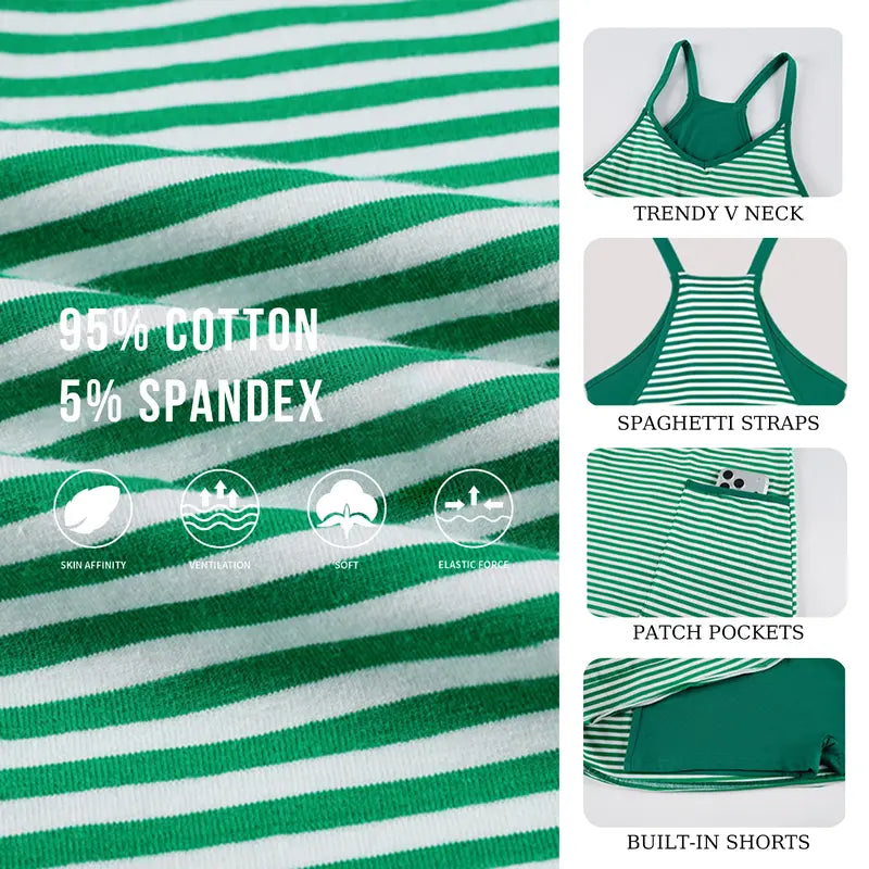 Women's Summer Athletic Mini Dress Sleeveless V Neck Built-in Shorts