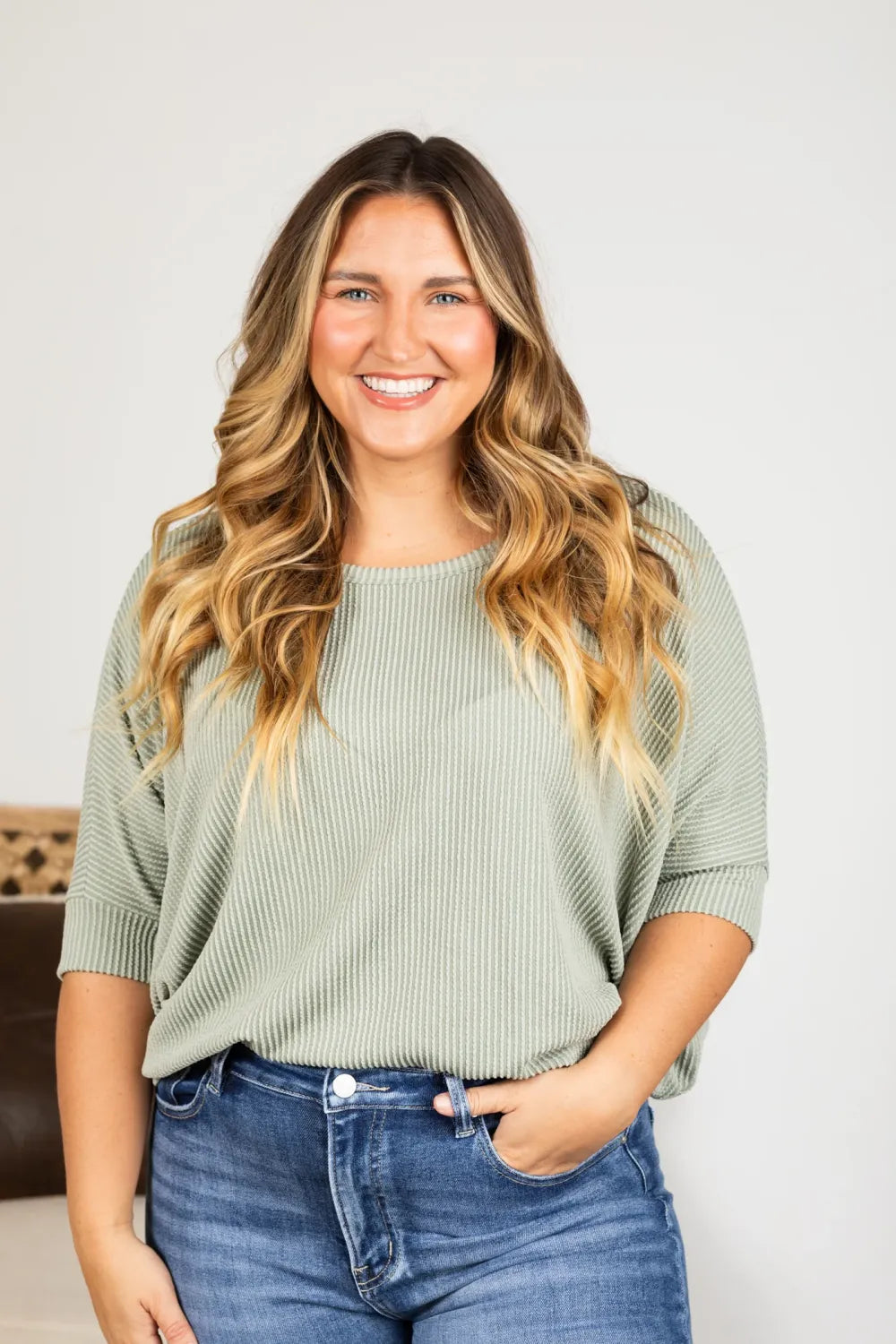 Women's Raised Rib Easy-Fit Dolman 3/4 Sleeve Top