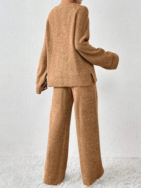 Women's Oversize Raglan Sleeve Split Sweater & Elastic Waist Pants Set, Basic Round Neck Top & Pants Sweater Set, Women's Autumn & Winter Clothing for Daily Wear.