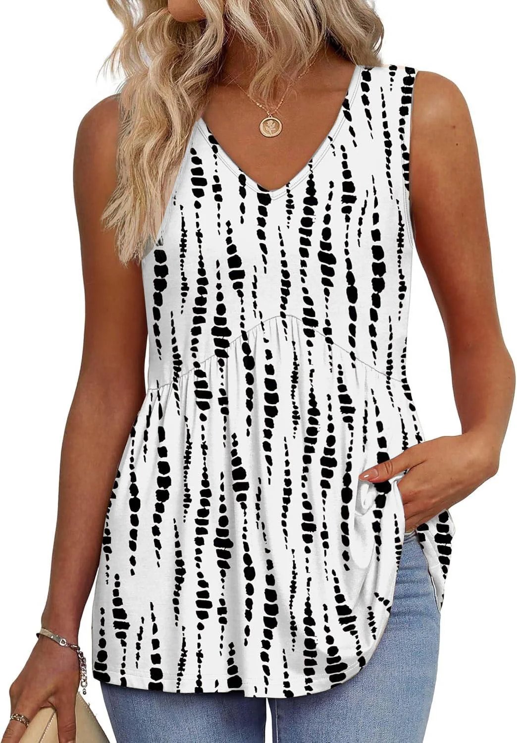 🔥Women's Print Flowy Sleeveless V Neck Peplum Tank Tops