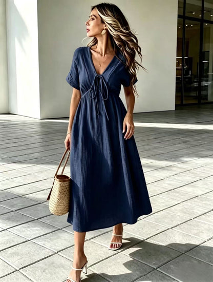 Last Day 89% OFF 🔥Women's Lightweight Summer Cotton Dress V-Neck Bohemian Casual Loose Short Sleeve Drawstring Beach Dress with Pockets