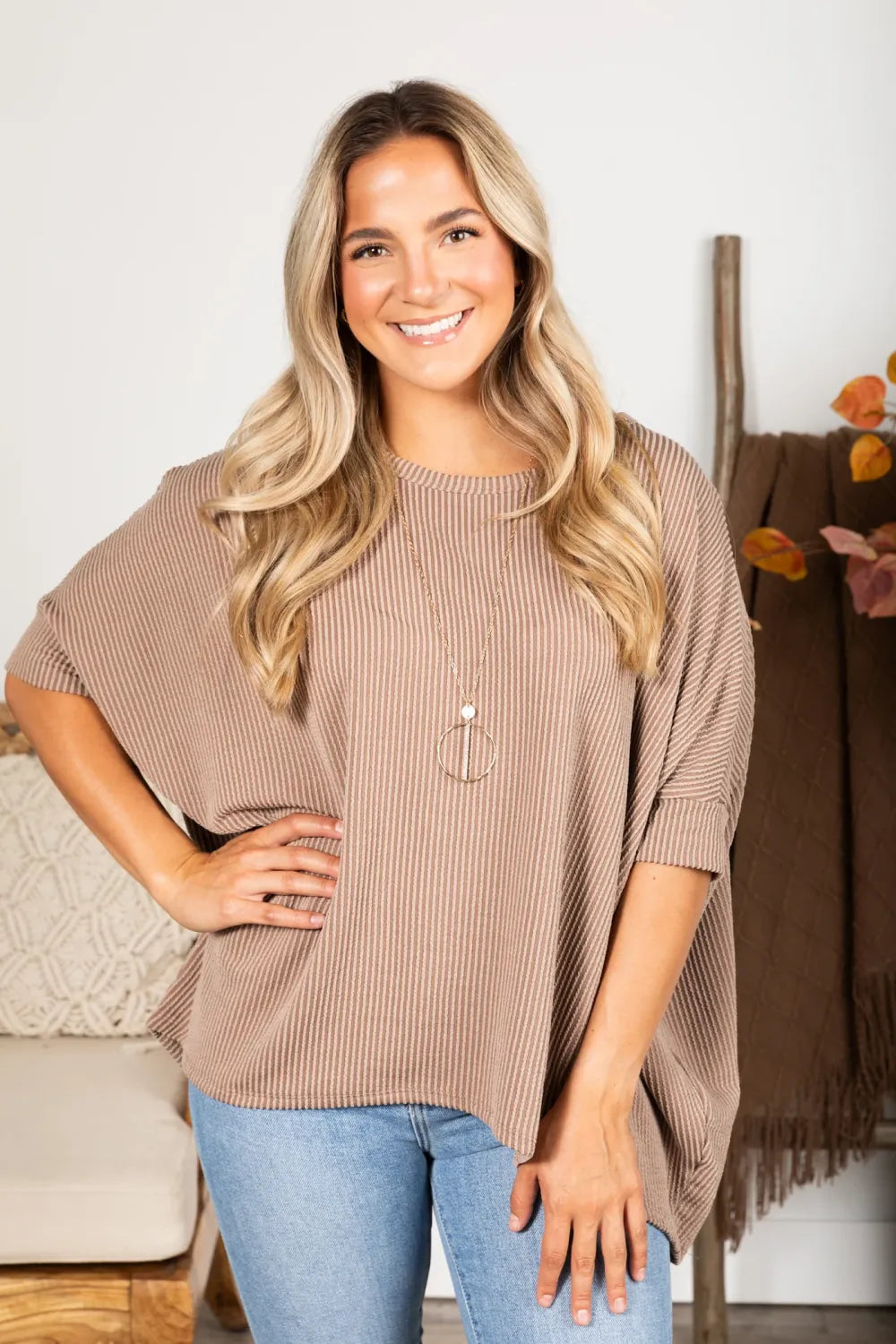 Women's Raised Rib Easy-Fit Dolman 3/4 Sleeve Top