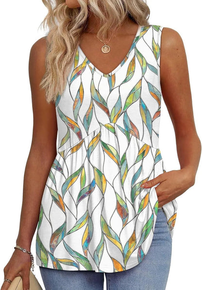 🔥Women's Print Flowy Sleeveless V Neck Peplum Tank Tops