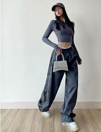 Women's Parachute Wideleg Pants Baggy Y2K Elastic Waist Wide Leg Track Pants Trousers Casual