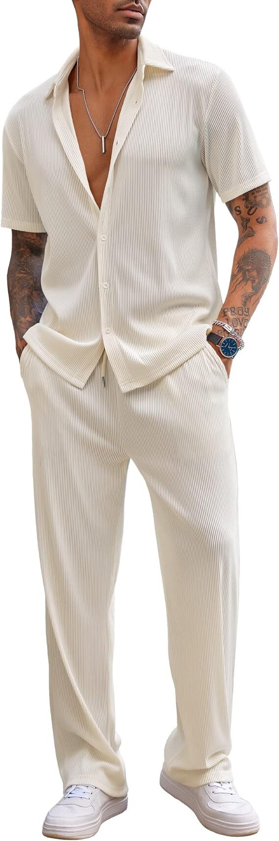 ✨Size:S-6XL🔥Men's 2 Piece Outfit Casual Short Sleeve Button Down Shirt Beach Summer Loose Pant Sets