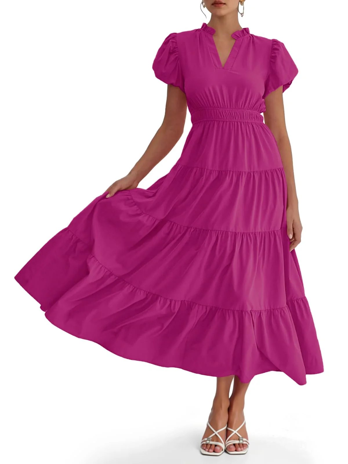 ⏰Hot Sale 90% OFF🎉Puff Short Sleeve V Neck Flowy Tiered Beach A-Line Dresses