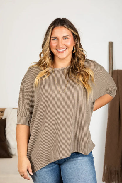 Women's Raised Rib Easy-Fit Dolman 3/4 Sleeve Top
