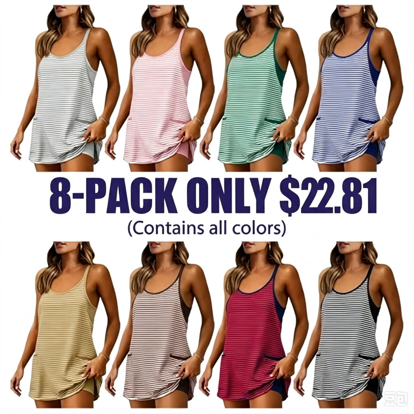 Women's Summer Athletic Mini Dress Sleeveless V Neck Built-in Shorts