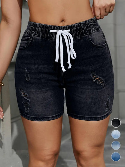 ⭐  Women's High Waisted Drawstring Ripped Denim Shorts with Pockets