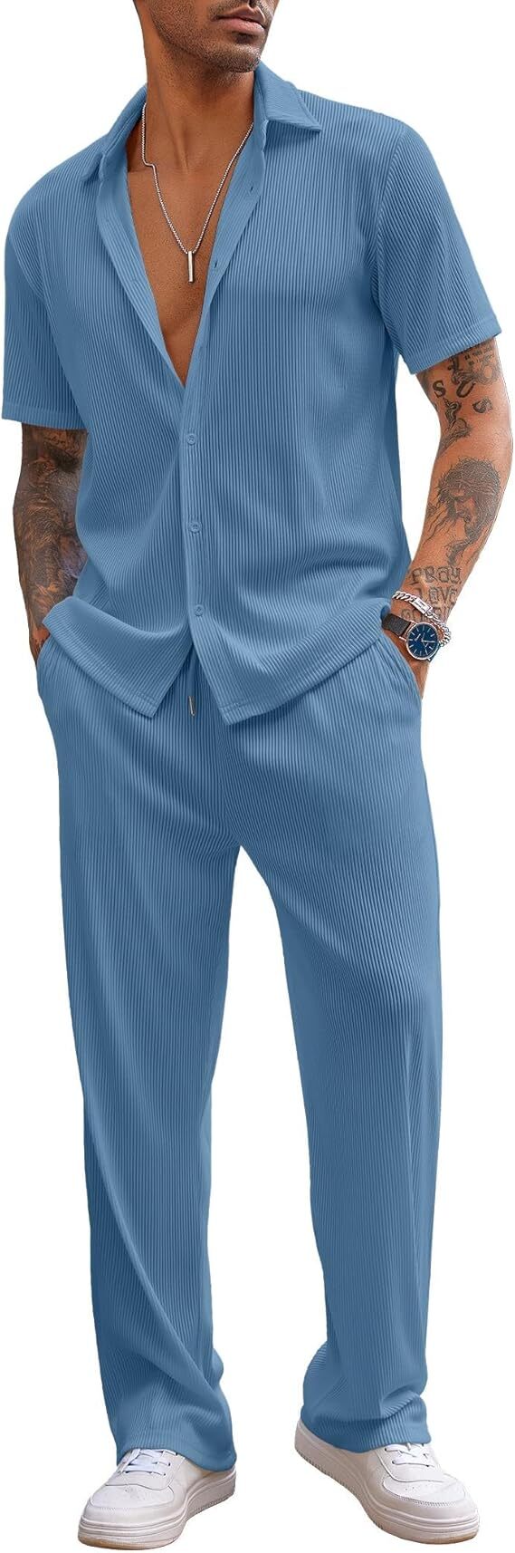 ✨Size:S-6XL🔥Men's 2 Piece Outfit Casual Short Sleeve Button Down Shirt Beach Summer Loose Pant Sets