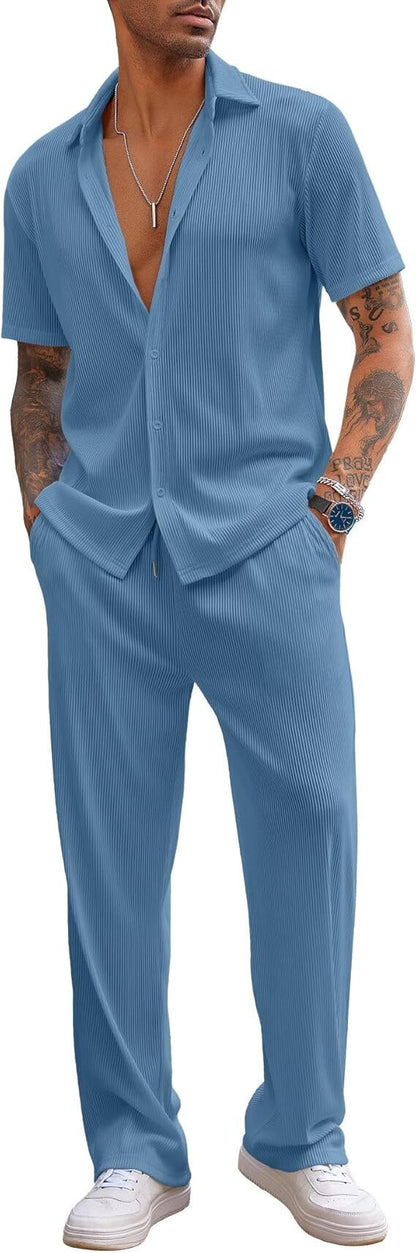 ✨Size:S-6XL🔥Men's 2 Piece Outfit Casual Short Sleeve Button Down Shirt Beach Summer Loose Pant Sets