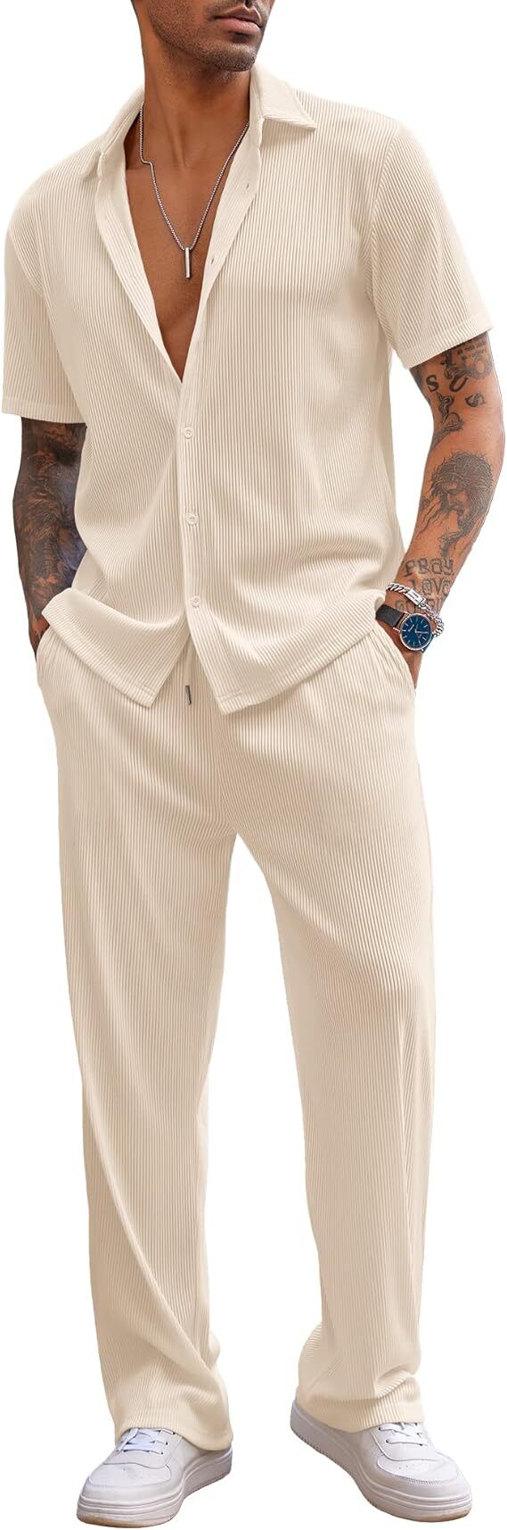 ✨Size:S-6XL🔥Men's 2 Piece Outfit Casual Short Sleeve Button Down Shirt Beach Summer Loose Pant Sets