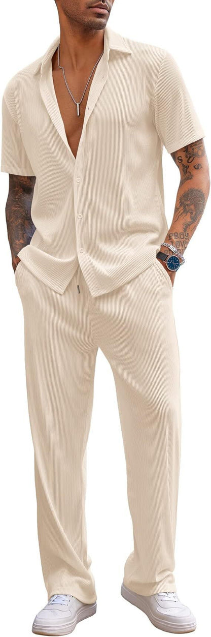 ✨Size:S-6XL🔥Men's 2 Piece Outfit Casual Short Sleeve Button Down Shirt Beach Summer Loose Pant Sets